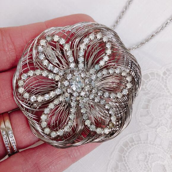 Large Wire Rhinestone Flower 2" Pendant Necklace, Extra Long 36" Chain - Picture 6 of 8